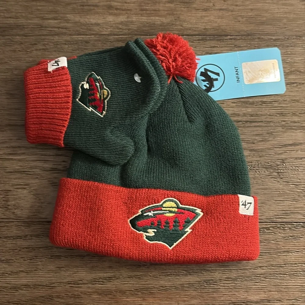 NWT [‘47] Minnesota Wild NHL Beanie Winter Hat & Mittens Set Green/Red, Infant